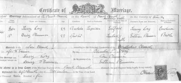 Plummer, Long Wedding Cert 1905